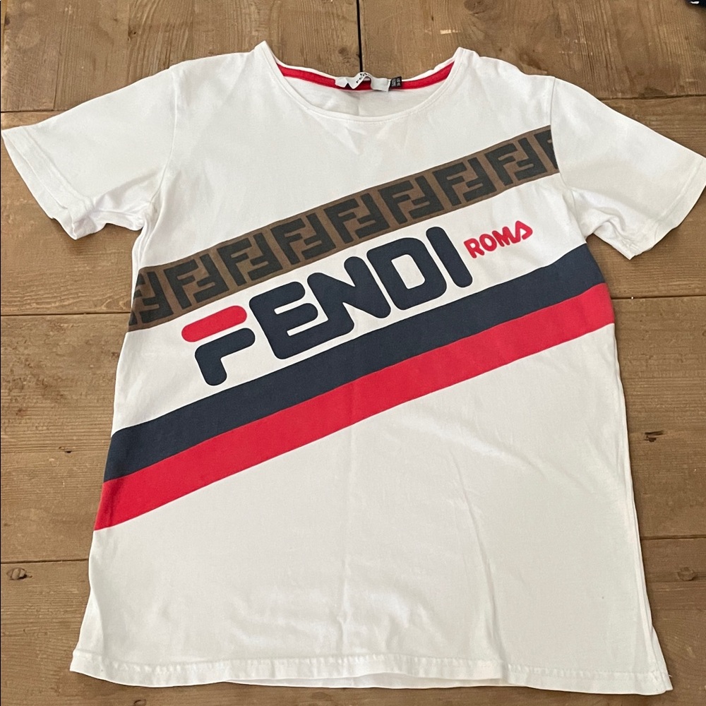 Fendi White Tee with Red, Black, and Brown Details